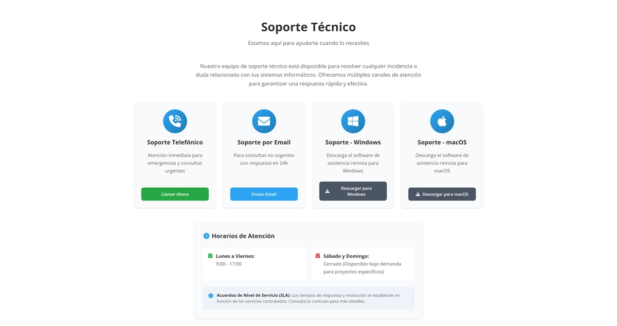 Sección de soporte técnico de la web de Sointe