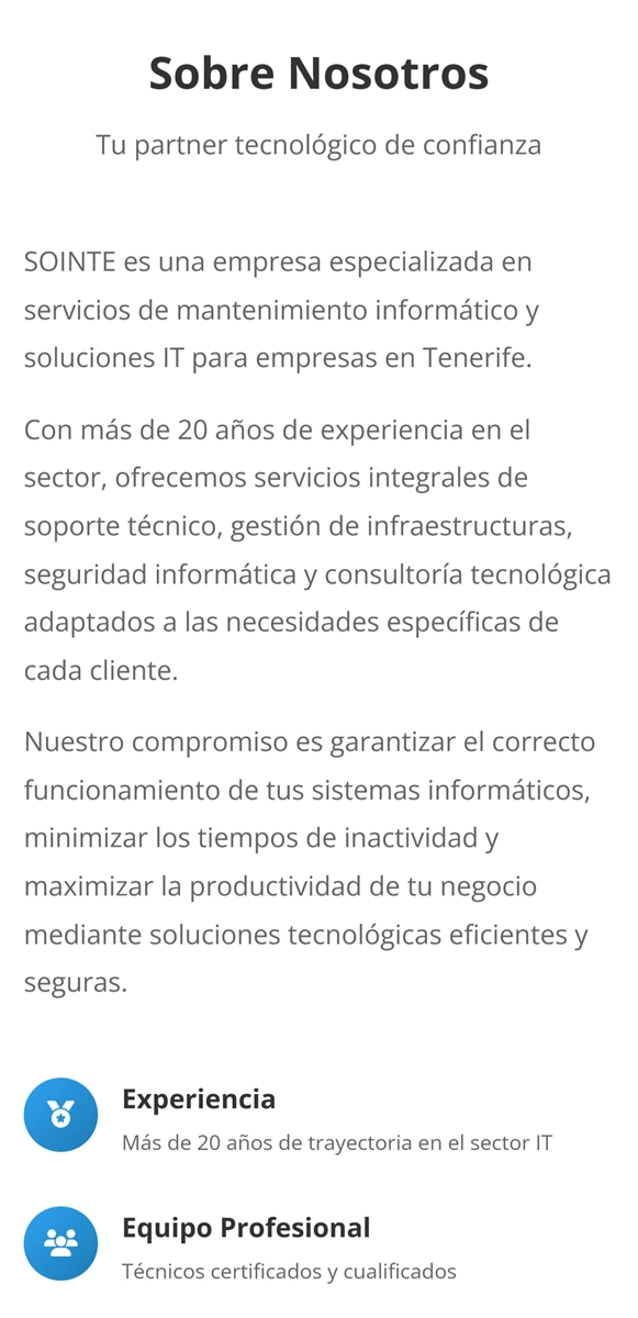 Vista móvil de la web de Sointe — sección de servicios